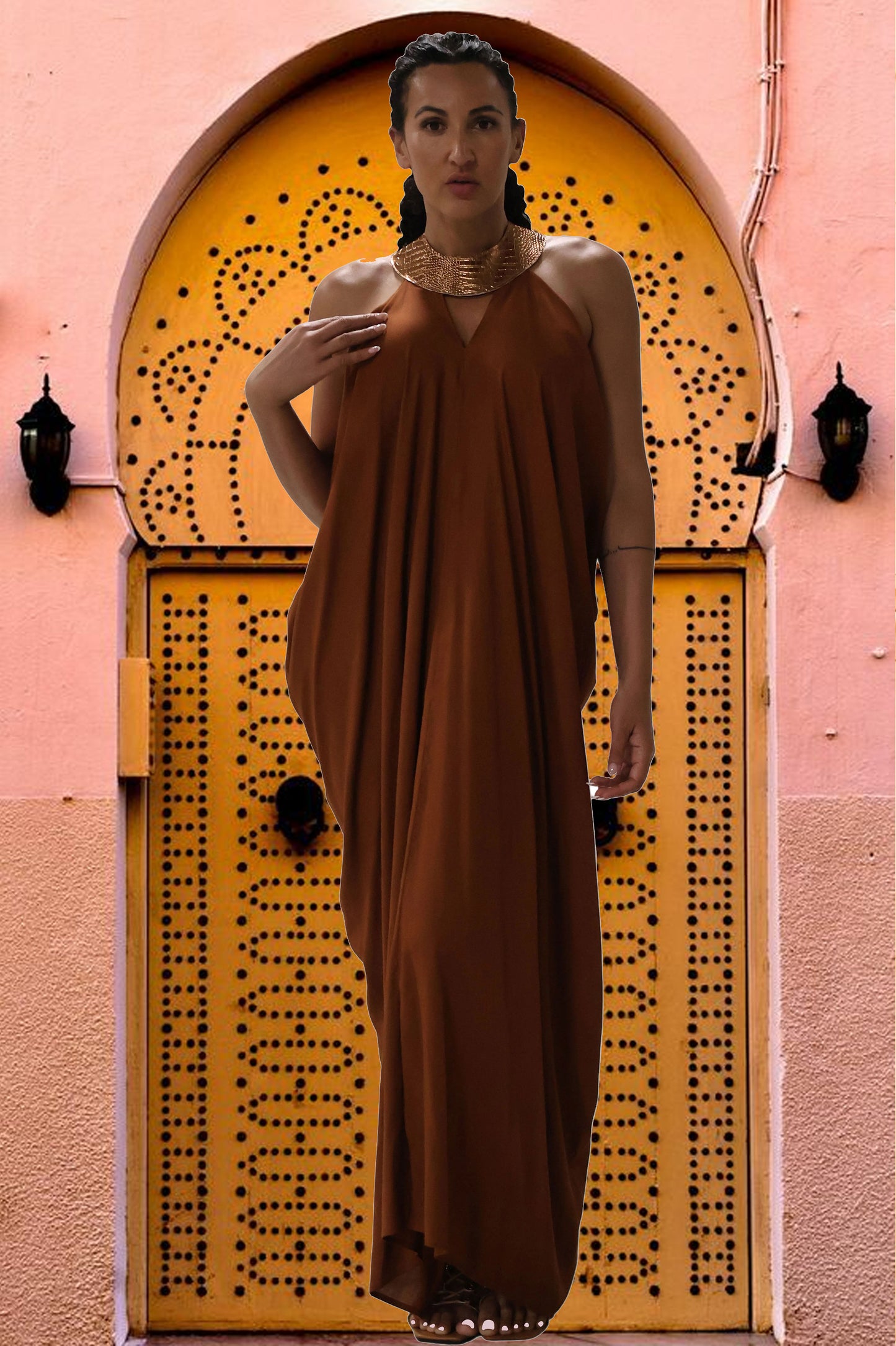 Cleopatra Crocodile Metallic Dress - Coffee