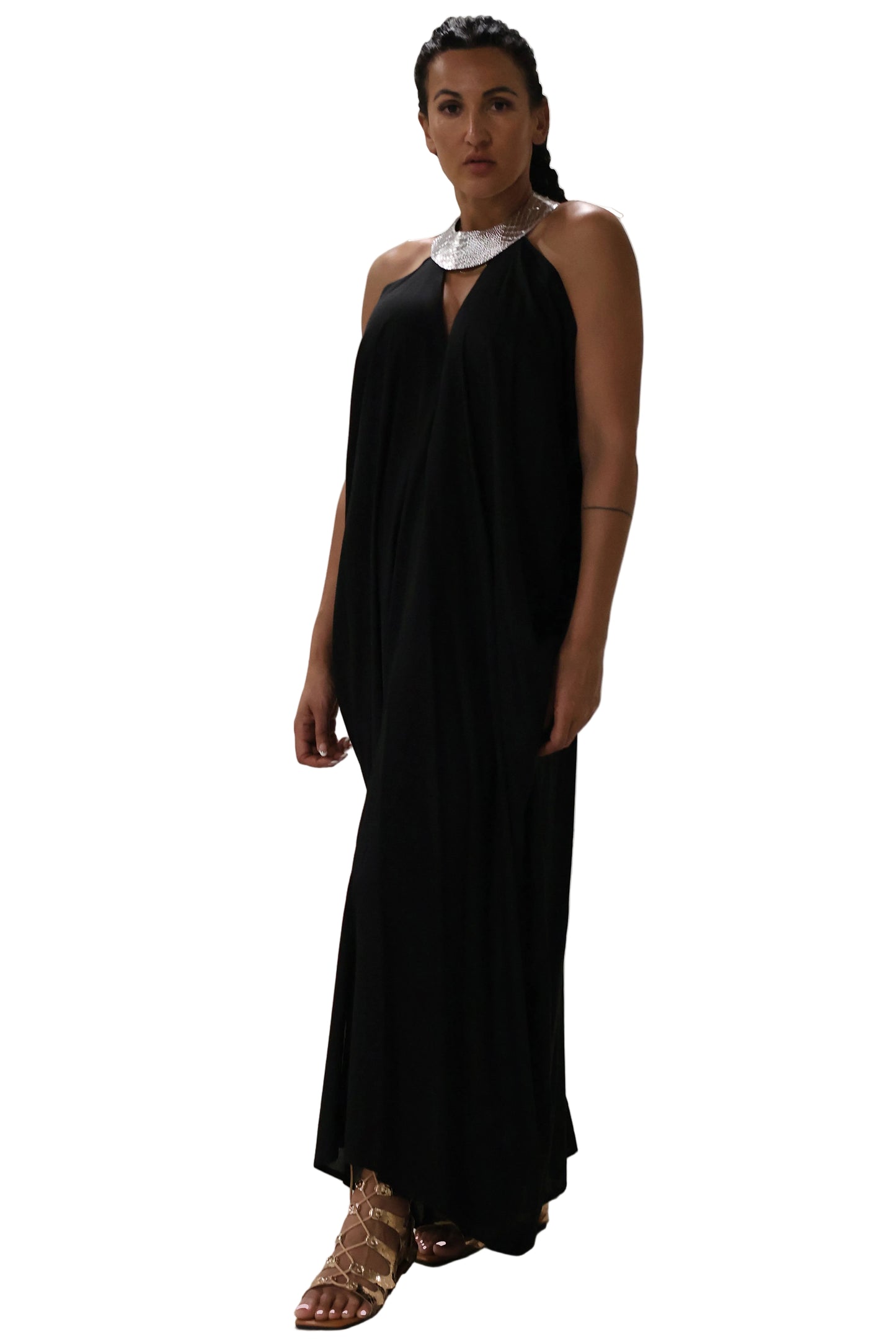 Cleopatra Metallic Crocodile Collar Dress - Black