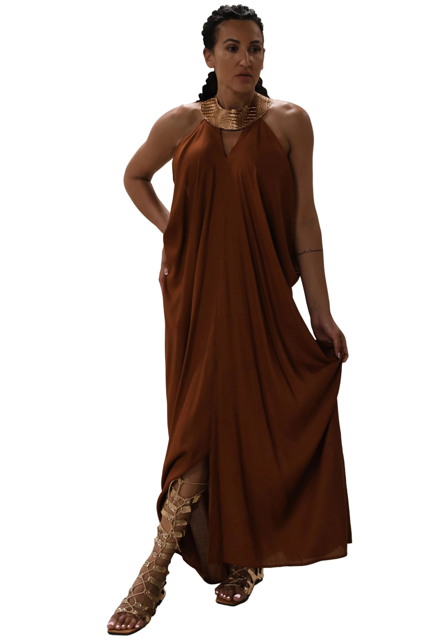 Cleopatra Crocodile Metallic Dress - Coffee